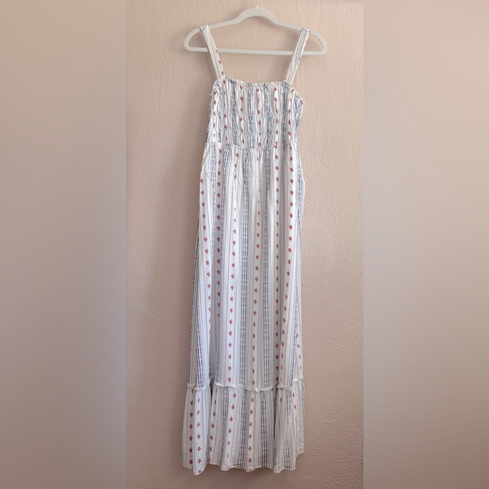 Japna white sundress with Red and Blue Pattern.  Smocked bodice.  Maxi length.